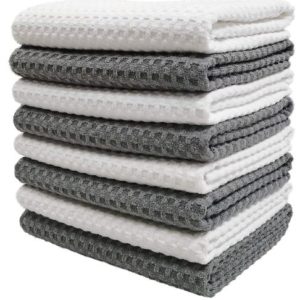 Polyte Ultra Premium Microfiber Kitchen Dish Hand Towel Waffle Weave, 8 Pack (16×28 in, Grey, White)